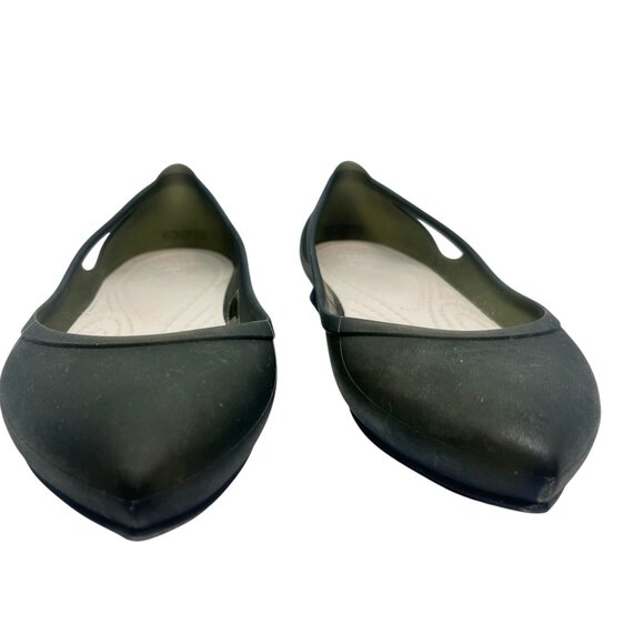 CROCS WOMEN’S BLACK POINTED TOE FLATS W7 MATTE RUBBER COMFORT BALLET SHOES - Picture 3 of 16